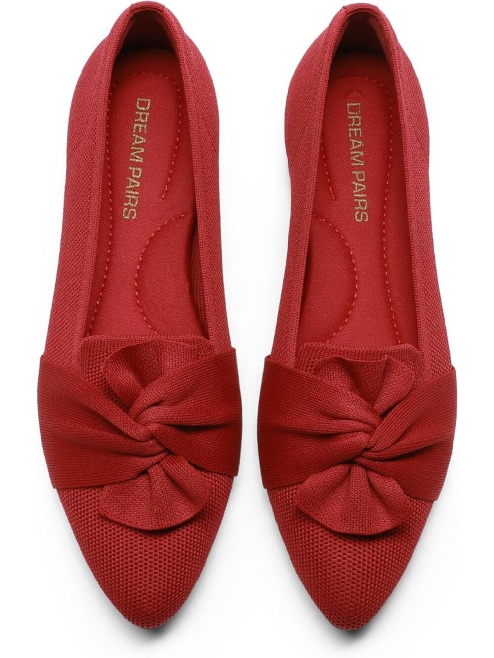 Women's Red Comfort Soft Knit Upper Foldable Bow Pointed Toe Ballet Flat Shoes
